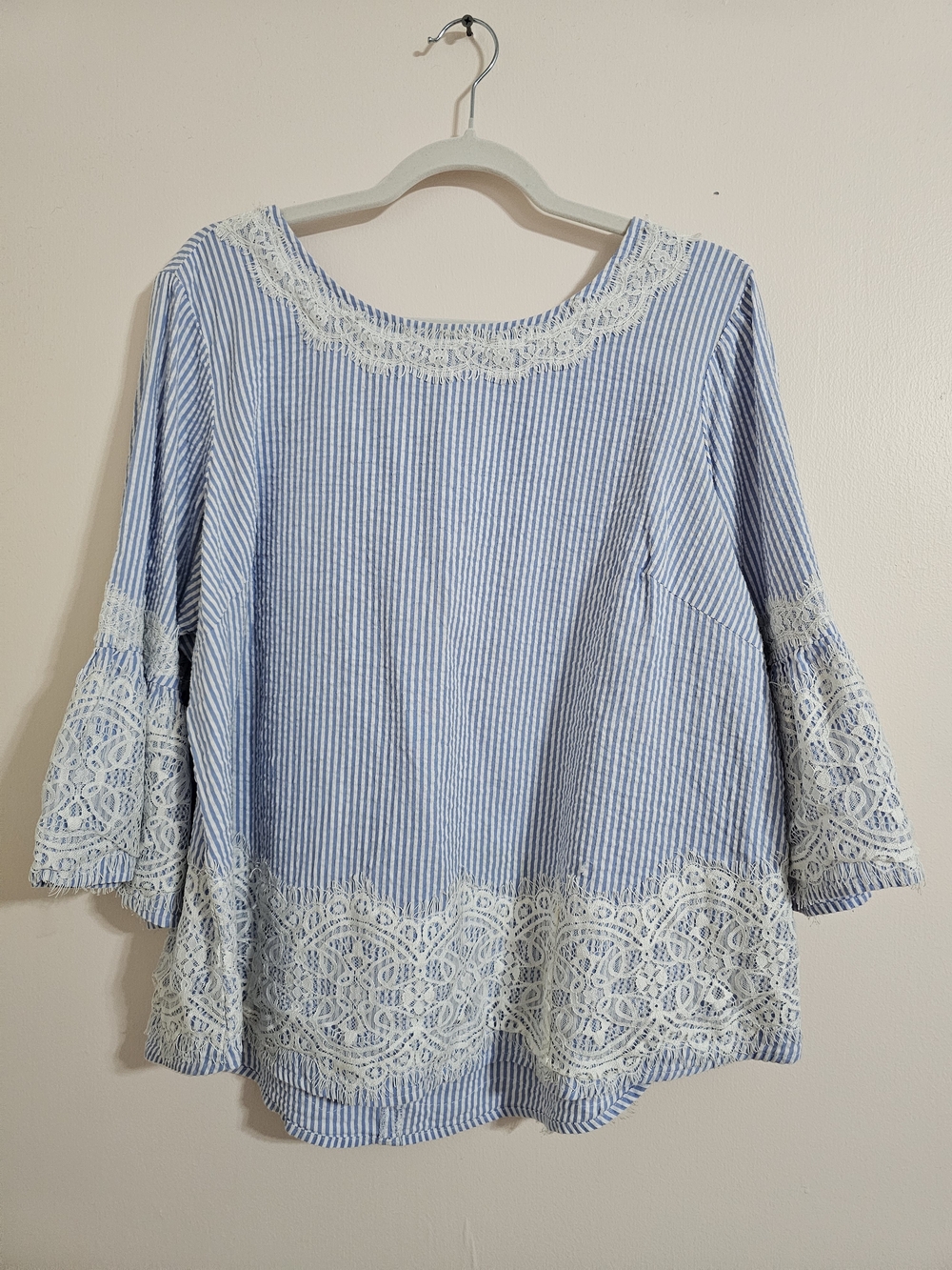 Boutique Lifestyles Attitude 1XBlue & White Striped Lace Trim Seersucker Top
